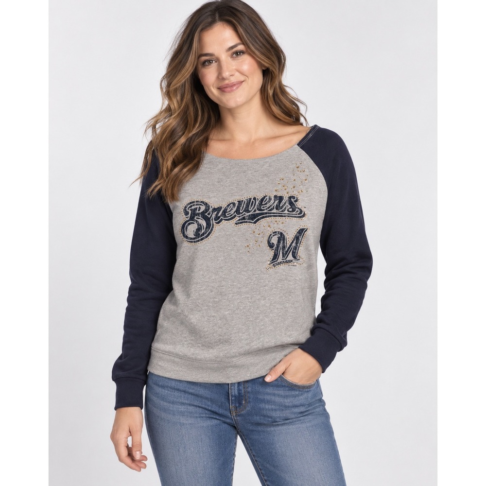 G-III for Her Alyssa Milano Milwaukee Brewers Rhinestone Raglan Sweatshirt L NWT